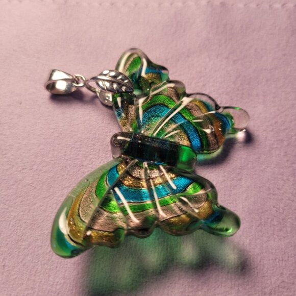 Vintage Murano Style Sand Glitter Glass Butterfly Pendant Leather Necklace - Picture 3 of 11
